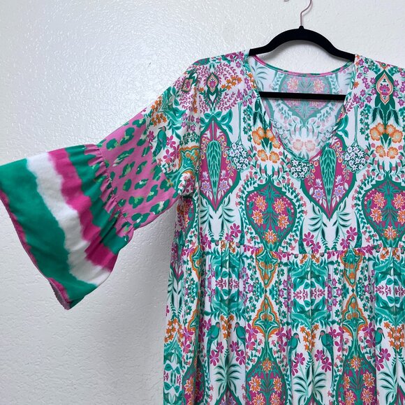 Boho Maxi Dress Made in Italy TU 100% Viscose Multicolor Print Bell Sleeve Large - Picture 1 of 9